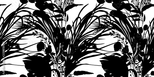 Print A seamless pattern with tropical plant silhouettes in vector for textiles and wallpaper design. vector illustration