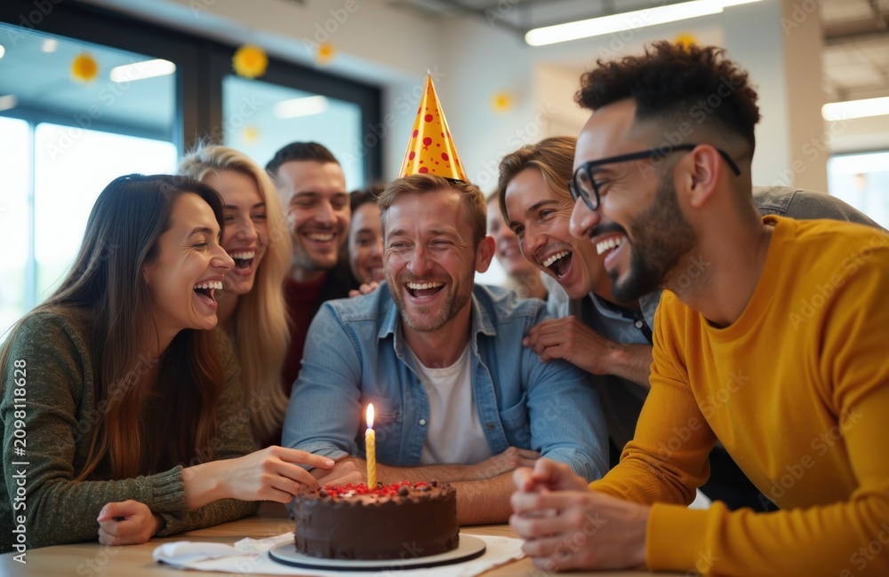 Fototapeta premium People laugh at surprise office birthday party. Friends celebrate colleague with cake and candle. Young diverse team enjoys cheerful celebration event.