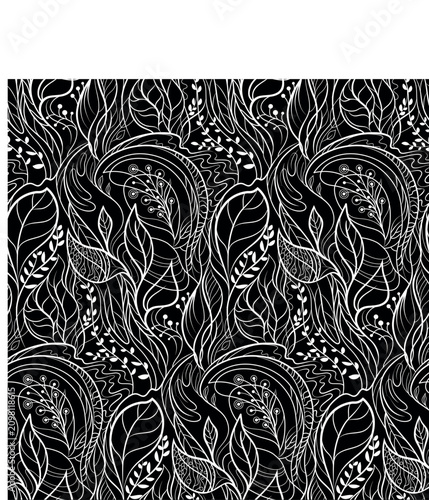 Seamless black and white botanical monochrome pattern with branches and herbs in vector. Vector illustration