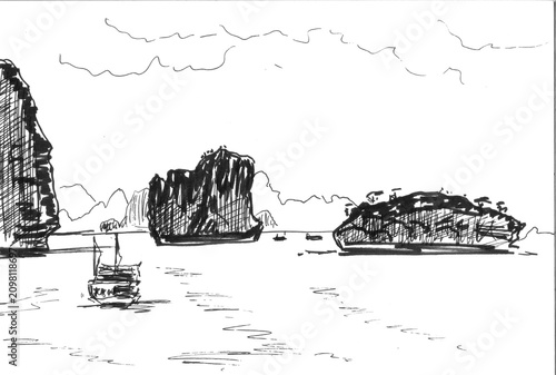 vietnam, ha long bay, graphic black and white drawing, travel sketch