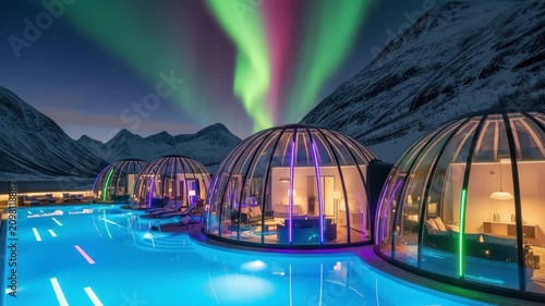 Modern glass domes over swimming pool under night sky with aurora borealis