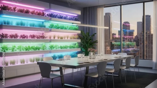 Modern interior with indoor garden and dining table