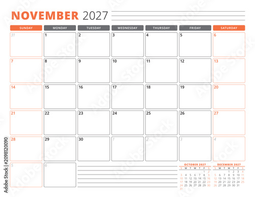 Minimal November 2027 Monthly Calendar Vector Illustration Template For Business Planning Sunday Start for 2027 strengthens corporate organization, education and personal scheduling