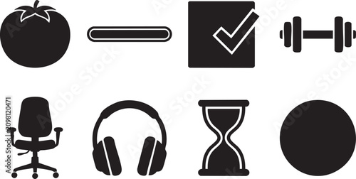 Foto Time management productivity and pomodoro technique black silhouette icons set i