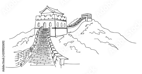 Foto Great Wall of China outline drawing minimalist travel vector illustration