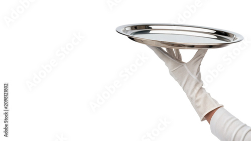 Obraz na płótnie Waiter hand holding elegant silver metal serving platter restaurant catering ass