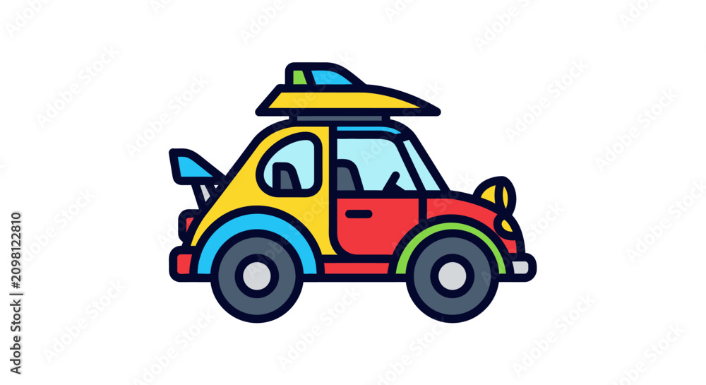 Obraz premium Colorful cartoon car with surfboard.