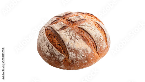 Fresh delicious round baked golden wheat bread loaf isolated on a transparent background