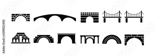 Schilderij op canvas Bridge Collection: A graphic compilation showcasing diverse bridge structures, from ancient stone archways to modern suspension designs, highlighting architectural variety and engineering marvels