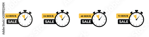 Foto Countdown Sale Icons: A series of four stopwatch icons with SALE banners indicate limited-time offers, urging immediate action and highlighting urgency for shoppers