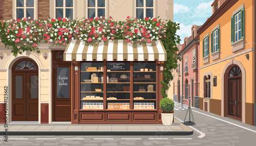 Fotografie Charming European bakery storefront adorned with abundant pink and white flowers, showcasing baked goods in its display window
