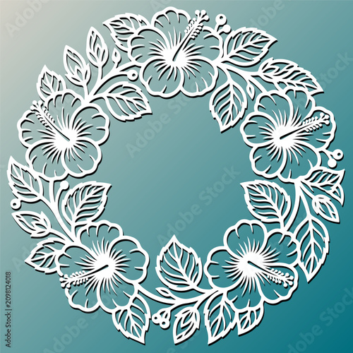 Circular frame with hibiscus flower for laser cut or wood carving. Decorative floral stencil for coaster, wall art or paper craft. Tropical wreath vector illustration