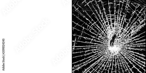 Tableau sur toile Close-up of shattered glass with sharp white cracks on a black background with a