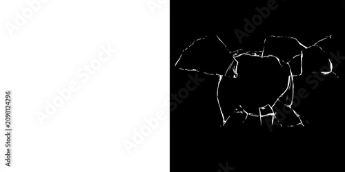 Vászonkép Close up of a broken glass with sharp white cracks on a black background showing