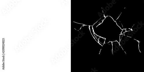 Принти на полотні Closeup of cracked glass surface with sharp white lines on a black background an