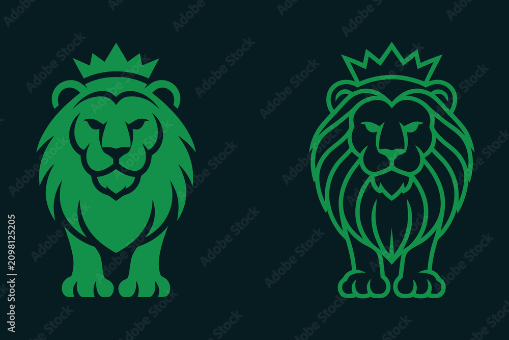 Fototapeta premium Two Green Crowned Lion Illustrations Facing Opposite Directions