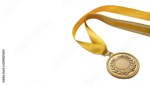 Golden medal award with yellow ribbon champion victory sports trophy isolated on transparent background