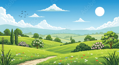 Фотография Idyllic Rolling Hills Landscape Vector Illustration Design Featuring Vibrant Gre