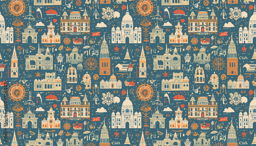 Fototapeta premium A charming, repeating pattern featuring a variety of stylized European architectural landmarks and decorative elements on a dark blue background.
