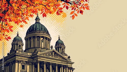 Fotografie An ornate classical building with a large central dome and smaller domes, framed by vibrant autumn leaves and a sunburst graphic