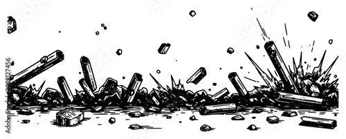 Quadro su tela Ground explosion with flying debris illustration, shattered surface impact effec