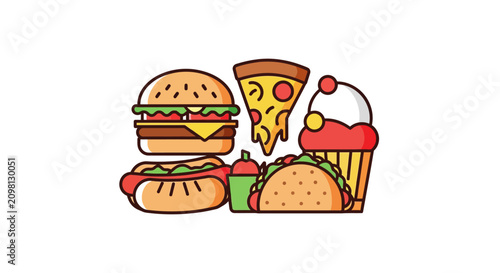 Colorful fast food meal with burgers.