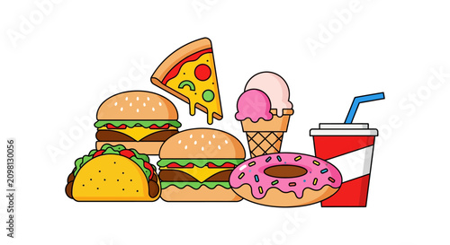 Colorful fast food meal with burgers.