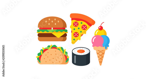 Colorful fast food meal with dessert.