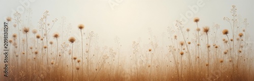 Dried wild plants sway in soft light against blurred white background. Brown meadow flowers stand in aesthetic field. Minimalist botanical art displays delicate stems, fluffy blossoms. Natural rustic