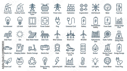 Energy Electricity Vector Icons Nuclear Plant Wind Turbine Solar Panel Battery Electric Car Power Lines Transformer Renewable Infrastructure Technology Design Collection