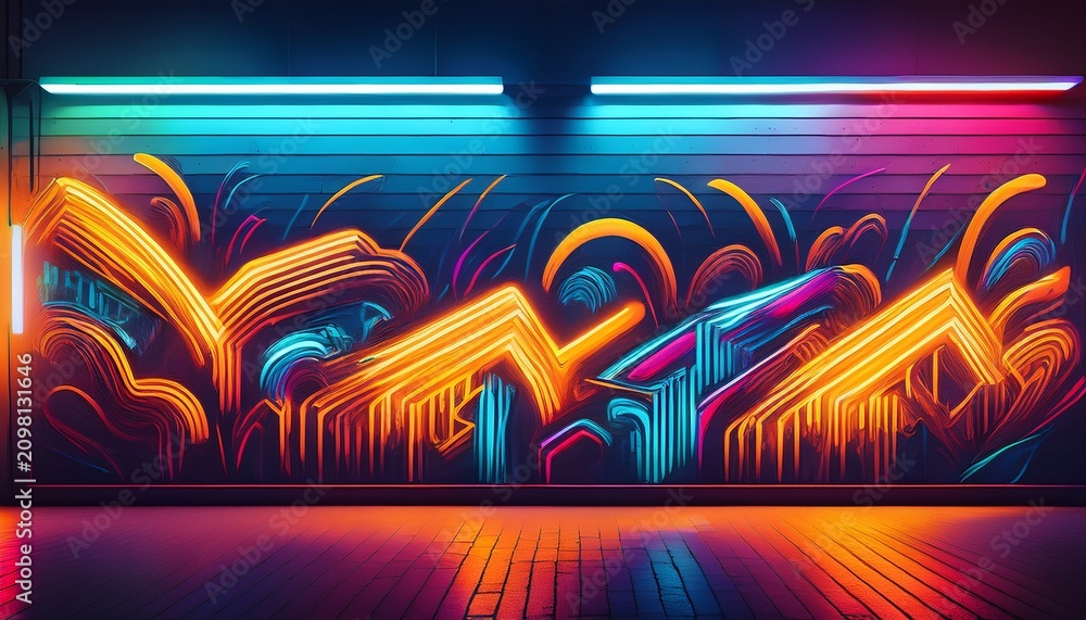 Fototapeta premium graffiti wall with glowing light trails dynamic street art patterns with bright neon lines