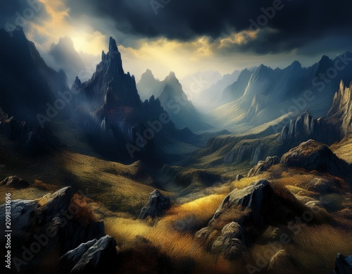 moody textured landscape with craggy peaks shadowed valleys and a dramatically swirling sky