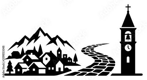 Photos Mountain village landscape with winding road and clock tower icon