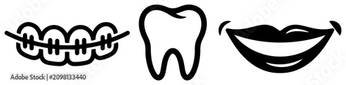Orthodontic and dental symbols showing braces tooth and smiling mouth in minimalist black style