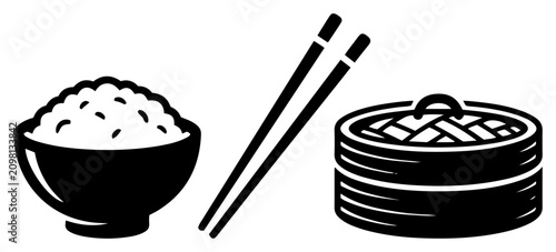 Obraz na plátně Chinese food icons featuring rice bowl chopsticks and dim sum bamboo steamer
