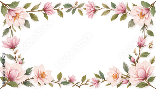 Pink magnolia flower frame with green leaves on white background
