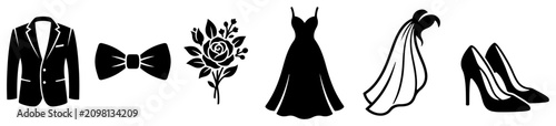 Photos Wedding celebration icons featuring tuxedo dress bouquet and bridal accessories
