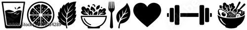 Healthy lifestyle wellness icons featuring salad dumbbell and fruit in minimalist vector style