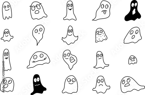 Ghost set. Doodle boo element. Funny vector isolated hand drawn spooky collection spirit character cartoon style bundle decoration