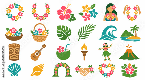 Foto Colorful Tropical Hawaiian Themed Vector Illustrations Collection
