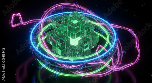 Abstract digital cube with glowing neon energy rings in a dark environment