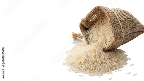 Canvastavla Small burlap sack spilled with organic raw white rice healthy staple crop isolat