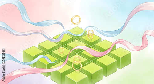 Abstract digital concept illustration with green cubes network, golden rings and flowing pastel ribbons on light background