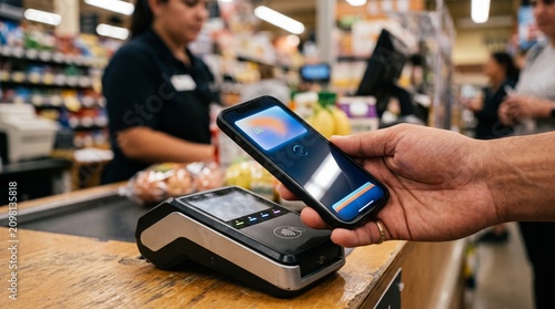 Customer uses smartphone for contactless payment at grocery store checkout with cashier in background