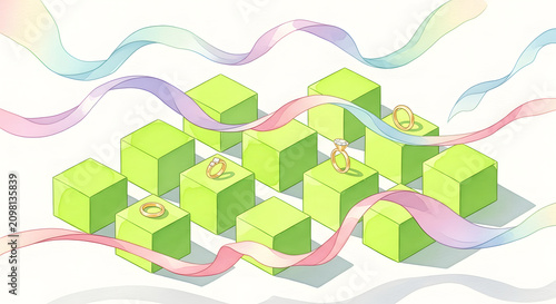 Elegant gold jewelry rings displayed on green isometric cubes with colorful flowing pastel ribbons on white background