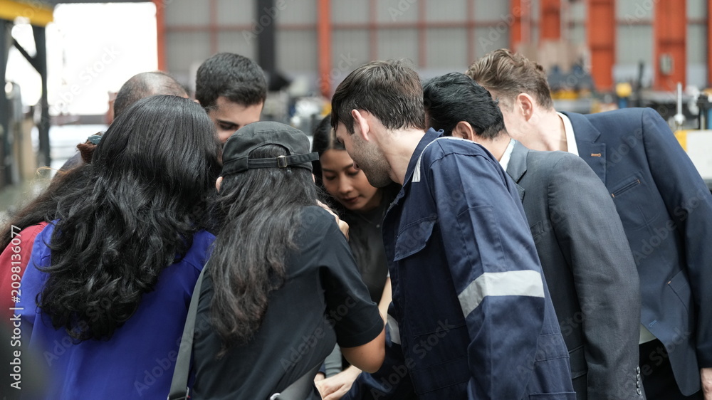Fototapeta premium engineer team full skill quality for maintenance and training in industry factory worker , warehouse Workshop for factory operators, mechanical engineering team production.
