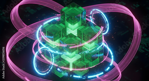 Abstract 3D green blockchain cubes representing secure database with futuristic neon rings in digital space