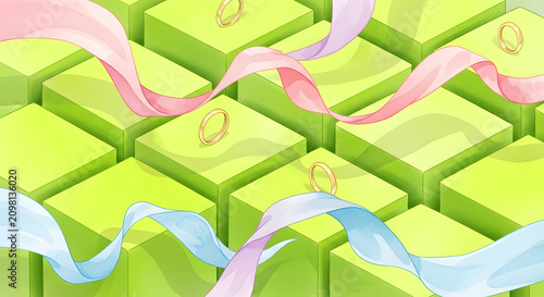 Abstract Isometric Background Featuring Floating Pastel Ribbons and Delicate Golden Rings on Vibrant Green Cubes