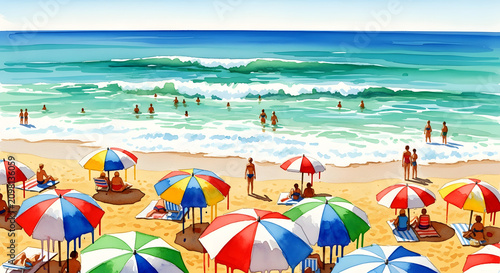 Vibrant Summer Beach Scene with Colorful Parasols and Relaxing Vacationers by the Sparkling Ocean Shore