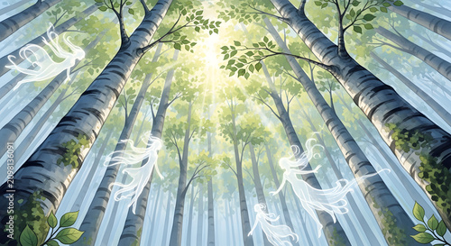 Enchanted Birch Forest with Ethereal Spirits Floating Under Radiant Sunlight